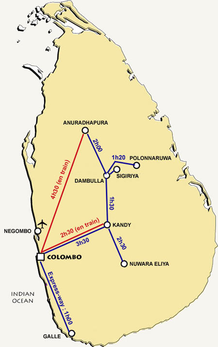 Durées des trajets - Carte du Sri Lanka
