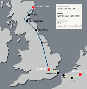 Carte du Trajet Bruxelles - Aberdeen